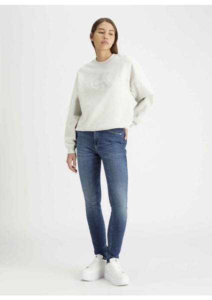 Açık Gri Kadın Yuvarlak Standart Nakışlı Sweatshirt Chenılle Monologo Crewneck