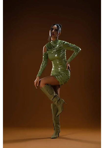 Metalik Yeşil Drapeli Mini Elbise