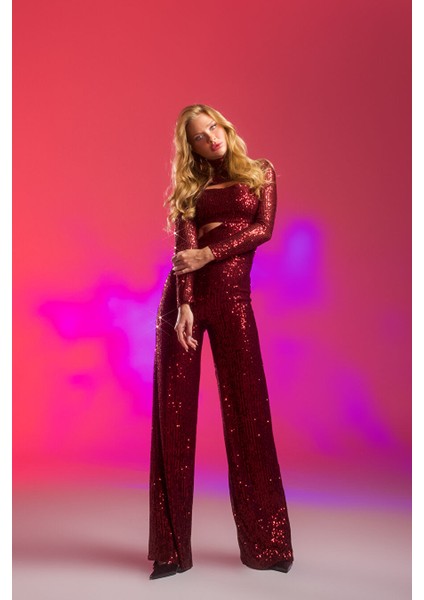 Bordo Payetli Cut Out Detaylı Tulum modelleri