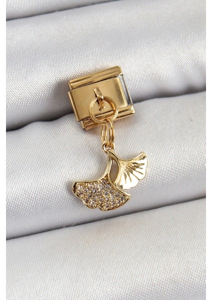 316L Çelik Sallantılı Zirkon Taşlı Balık Kuyruğu Model Gold Renk Nomination Charm