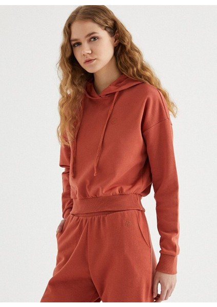 Kırmızı Kapüşonlu Pamuklu Regular Fit Kadın Crop Sweatshirt Enjoy Cropped Hoodıe