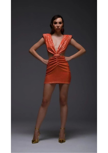 Turuncu Payetli Cut Out Detaylı Mini Elbise