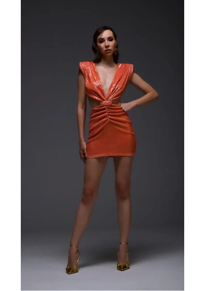 Turuncu Payetli Cut Out Detaylı Mini Elbise