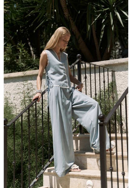 Shonas Bağcık Detay Mavi Yelek Pantolon Takım modelleri