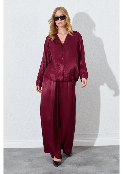 Kadın Bordo Beli Ince Lastik Detaylı Saten Pantolon fırsatları