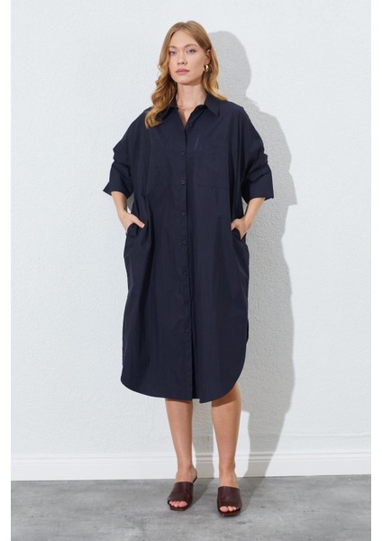 Kadın Siyah Bol Kalıp Çift Cepli Gömlek Elbise modelleri