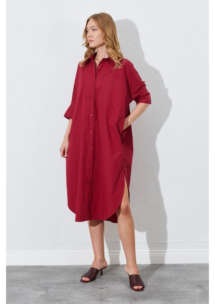 Kadın Bordo Bol Kalıp Çift Cepli Gömlek Elbise