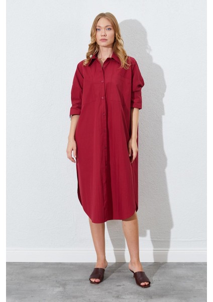 Kadın Bordo Bol Kalıp Çift Cepli Gömlek Elbise fiyatları