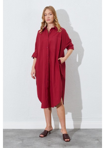 Kadın Bordo Bol Kalıp Çift Cepli Gömlek Elbise modelleri