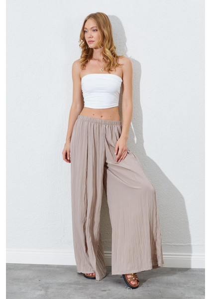 Kadın Vizon Beli Lastikli Bol Paça Kırışık Pantolon