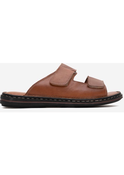 Erkek Çift Bantlı Terlik Gerçek Deri Dc 1182 Taba