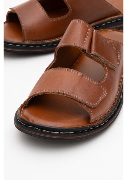 Erkek Çift Bantlı Terlik Gerçek Deri Dc 1182 Taba modelleri