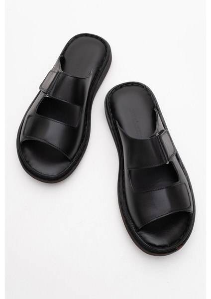 Erkek Çift Bantlı Terlik Gerçek Deri Dc 1182 Siyah indirimleri