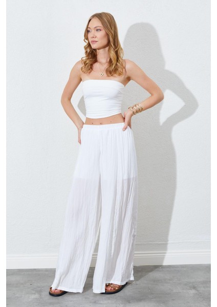 Kadın Ekru Beli Lastikli Bol Paça Kırışık Pantolon