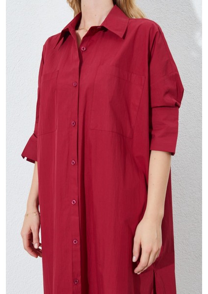 Kadın Bordo Bol Kalıp Çift Cepli Gömlek Elbise indirimleri