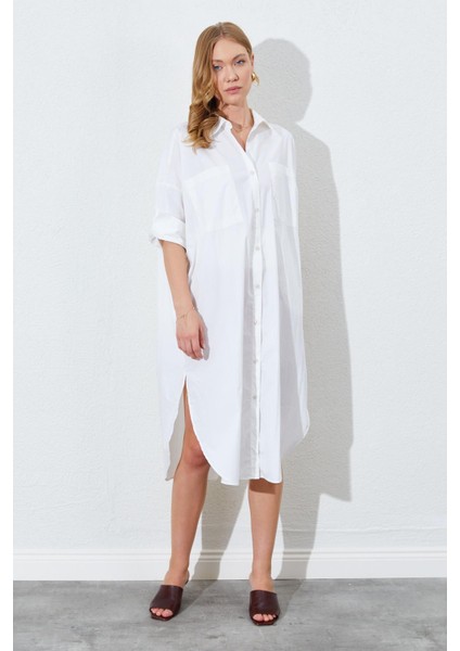 Kadın Kemik Bol Kalıp Çift Cepli Gömlek Elbise