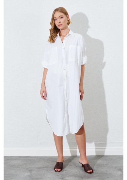 Kadın Kemik Bol Kalıp Çift Cepli Gömlek Elbise fiyatları