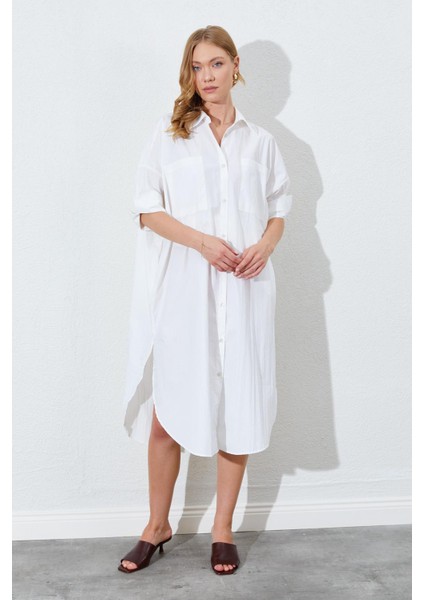 Kadın Kemik Bol Kalıp Çift Cepli Gömlek Elbise fırsatları