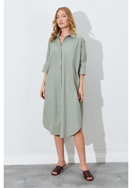 Kadın Çağla Bol Kalıp Çift Cepli Gömlek Elbise modelleri