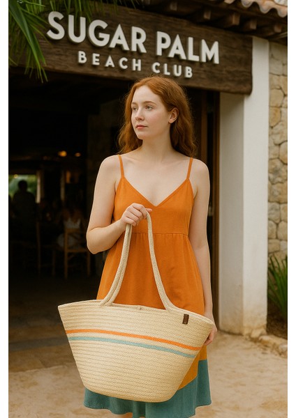 Bej Renkli Kendinden Ipli Askılı Doğal Görünümlü Vegan Plaj Çantası Veya Günlük Çanta
