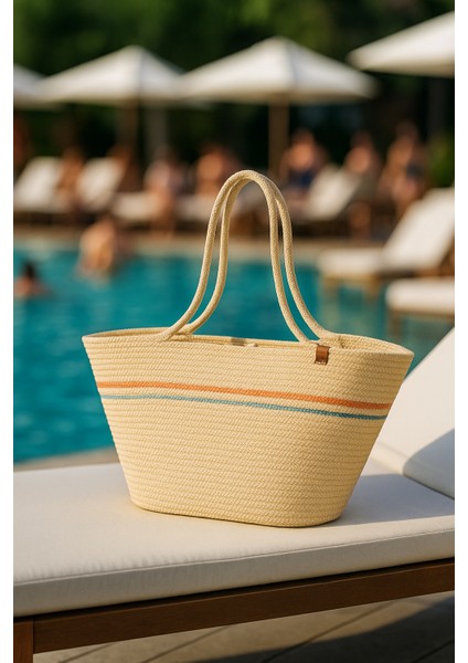 Bej Renkli Kendinden Ipli Askılı Doğal Görünümlü Vegan Plaj Çantası Veya Günlük Çanta modelleri