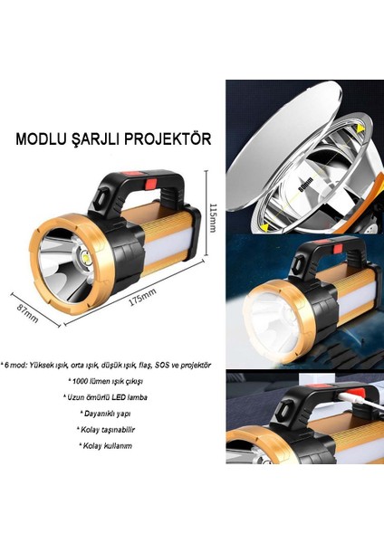 6 Mod Şarjlı El Feneri Projektör Tipi Watton WT-615