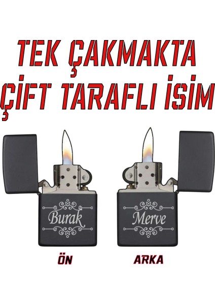 Kişiye Özel Çift Taraflı Lazer Isim Baskılı Benzinli Metal Çakmak