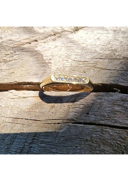 925 Ayar Sarı Gümüş Yüzük-Çubuk Sıra Taşlı 0.20 Ct Pırlanta Taşlı Alyans Yüzük-Hediye Gümüş Yüzük