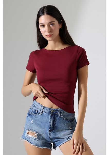 Ribana Kumaş Kayık Yaka Kısa Kol Basic Kadın T-Shirt 21996 Bordo