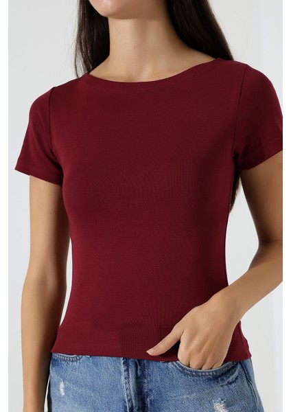Ribana Kumaş Kayık Yaka Kısa Kol Basic Kadın T-Shirt 21996 Bordo fiyatları