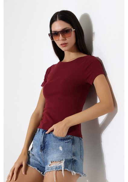 Ribana Kumaş Kayık Yaka Kısa Kol Basic Kadın T-Shirt 21996 Bordo modelleri