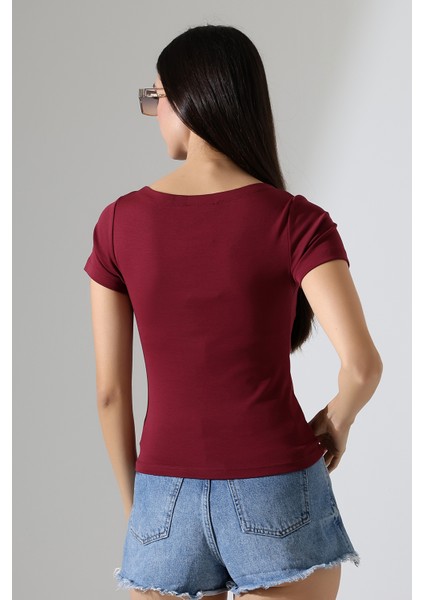 Ribana Kumaş Kayık Yaka Kısa Kol Basic Kadın T-Shirt 21996 Bordo fırsatları