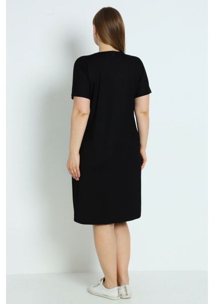 Kadın Büyük Beden Siyah Kısa Kollu Cepli Taş Detaylı Likralı Elbise fırsatları