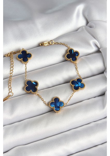 316L Çelik Sedefli Lacivert Gold Renk Yonca Kadın Bileklik