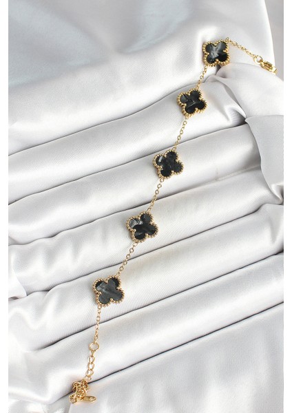 316L Çelik Sedefli Siyah Gold Renk Yonca Kadın Bileklik fiyatları