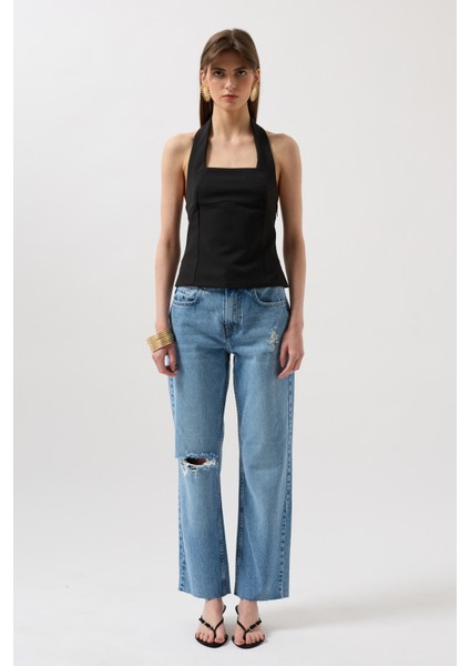 Kalın Askılı Crop Siyah Bluz