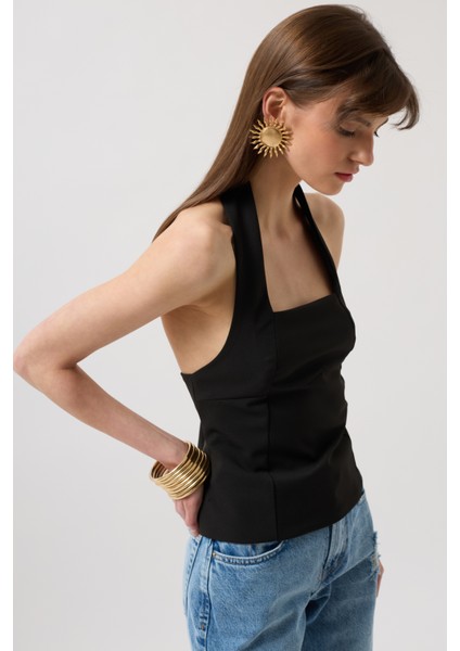 Kalın Askılı Crop Siyah Bluz