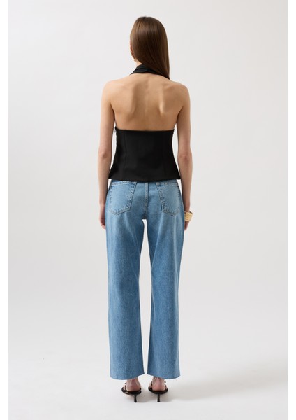 Kalın Askılı Crop Siyah Bluz