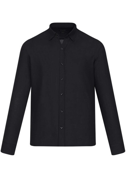 Siyah Comfort Fit 100% Pamuk Düğmeli Yaka Uzun Kollu Casual Gömlek