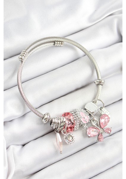 316L Çelik Pembe Zirkon Taşlı Kelebek Model Gümüş Renk Charm Bileklik