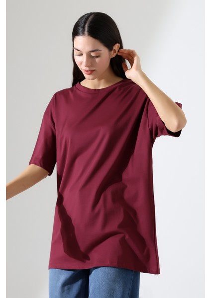 Oversize Bisiklet Yaka %100 Pamuk Penye Kompakt Basic T-Shirt 21752 Bordo