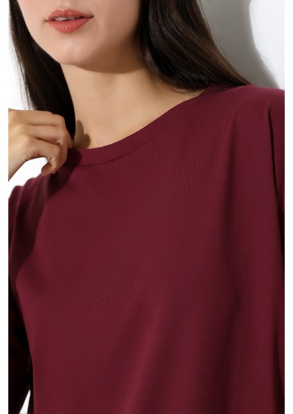 Oversize Bisiklet Yaka %100 Pamuk Penye Kompakt Basic T-Shirt 21752 Bordo fiyatları