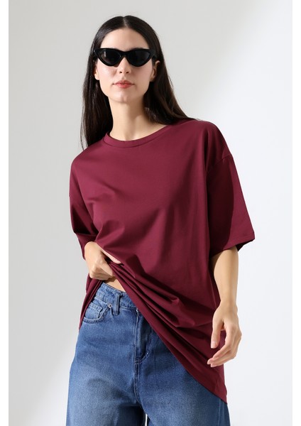 Oversize Bisiklet Yaka %100 Pamuk Penye Kompakt Basic T-Shirt 21752 Bordo modelleri