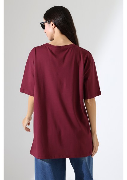 Oversize Bisiklet Yaka %100 Pamuk Penye Kompakt Basic T-Shirt 21752 Bordo fırsatları