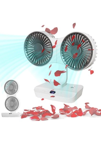 Çift Başlı Taşınabilir USB Şarjlı Fan, LED Gece Lambası ve 5000MAH Pil ile Uzun Çalışma Süresi, Ayarlanabilir Hız ve 270° Dönebilir Kafalar, Ev, Ofis, Kamp Için Ideal (CZ-01X - Beyaz)