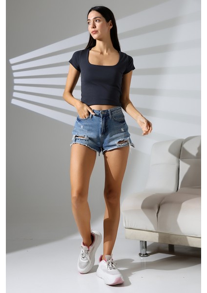 Kare Yaka Likralı Ribana Kumaş Kadın T-Shirt 21804 Füme