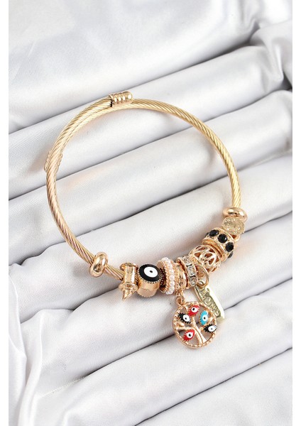 316L Çelik Siyah Nazarlı Zirkon Taşlı Inci Detaylı Hayat Ağacı Model Gold Renk Charm Bileklik