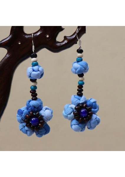 Etnik Eşsiz Küpeler - El Bağı Boyalı Mavi Desen, Doğal Indigo (Oryantal Stil) (Yurt Dışından)