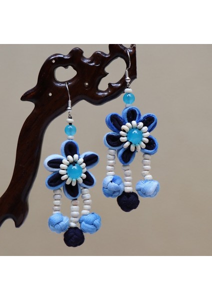 Etnik Eşsiz Küpeler - El Bağı Boyalı Mavi Desen, Doğal Indigo (Oryantal Stil) (Yurt Dışından)
