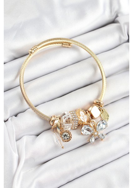 316L Çelik Beyaz Zirkon Taşlı Kelebek Model Gold Renk Charm Bileklik